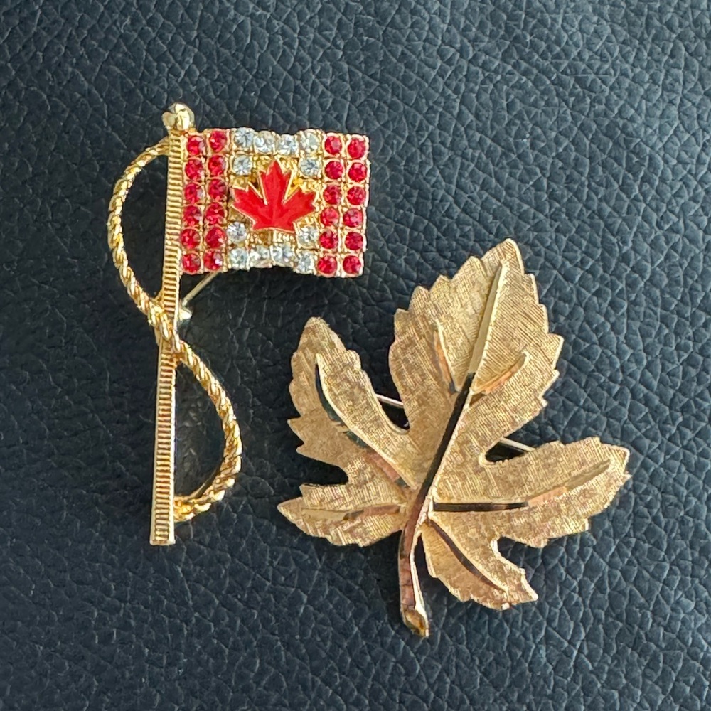 Gold and Red Maple Leaf Brooch Set